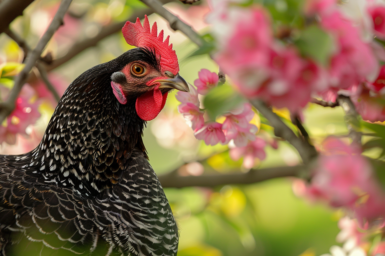 Image gratuite Poule sous cerisier en fleurs 1