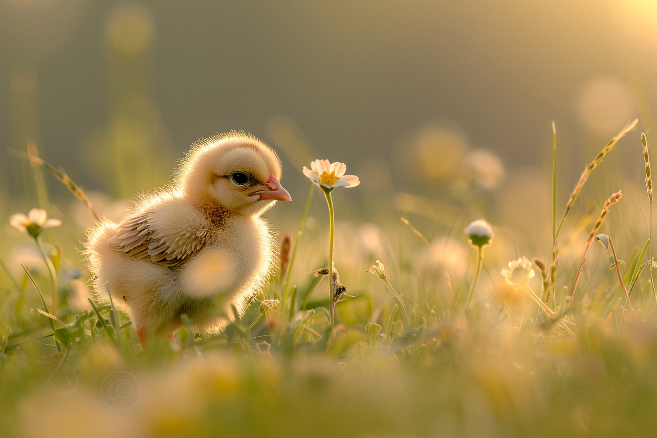 Image gratuite Poussin chassant insectes dans prairie ensoleillée 1