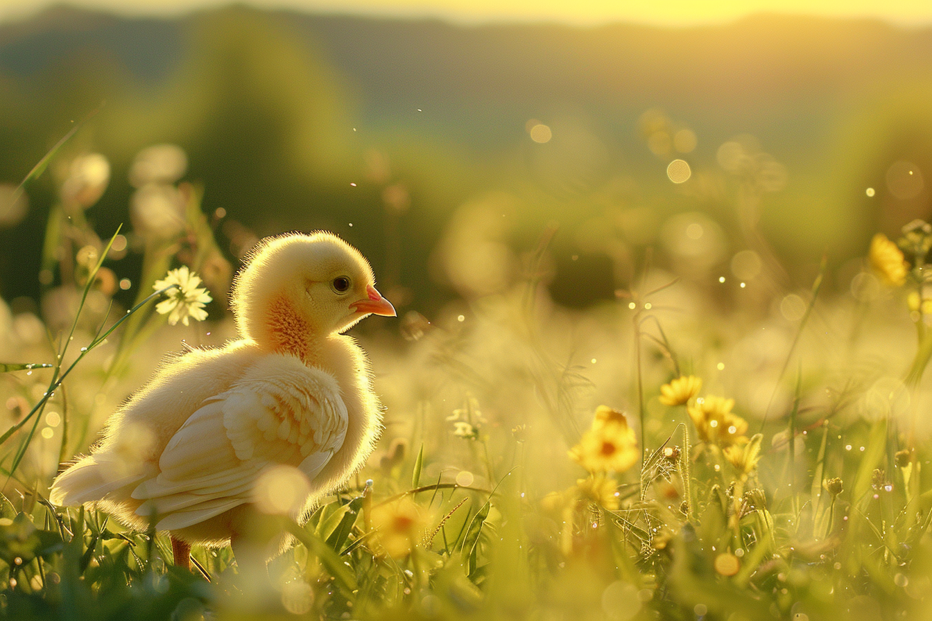 Image gratuite Poussin chassant insectes dans prairie ensoleillée 2