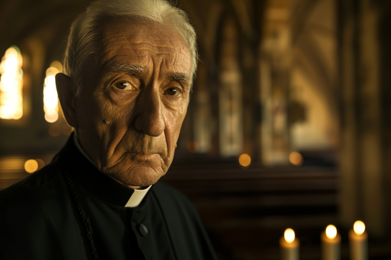 Image gratuite Prêtre âgé, cheveux blancs, yeux marrons, cathédrale 1