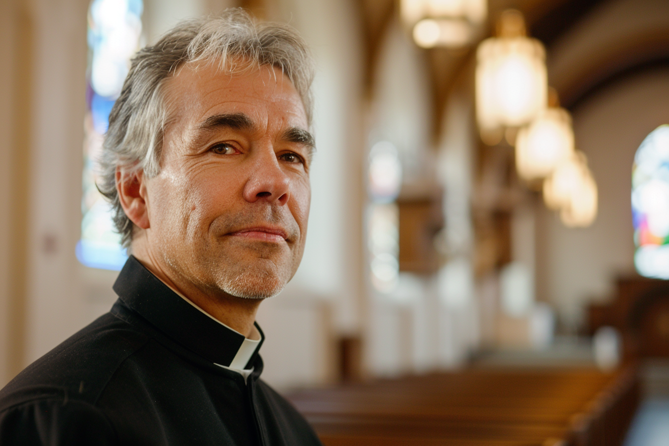 Image gratuite Prêtre âgé, cheveux gris, yeux marrons, église 1