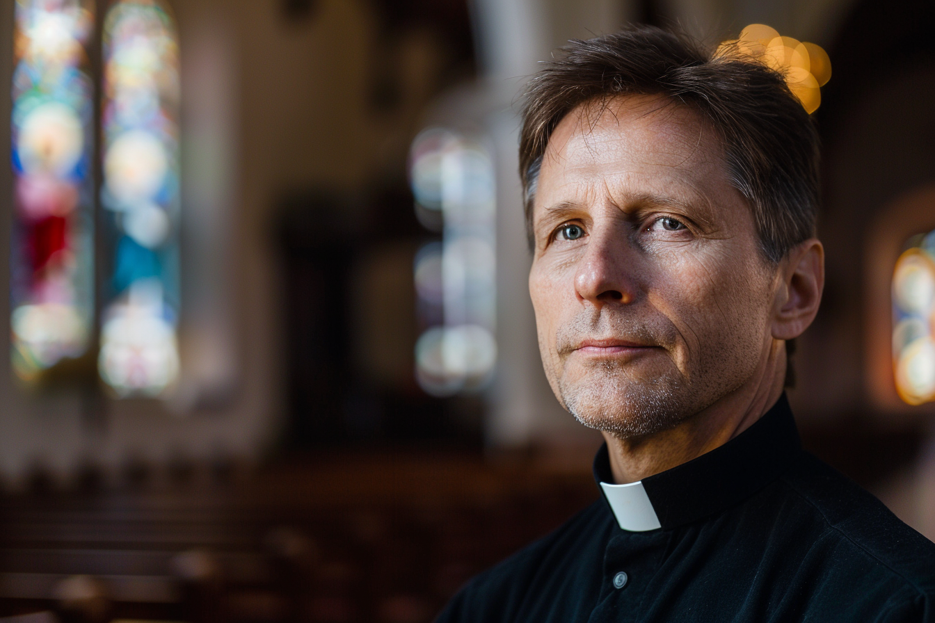 Image gratuite Prêtre d&rsquo;âge mûr, cheveux bruns, yeux marrons, église 1