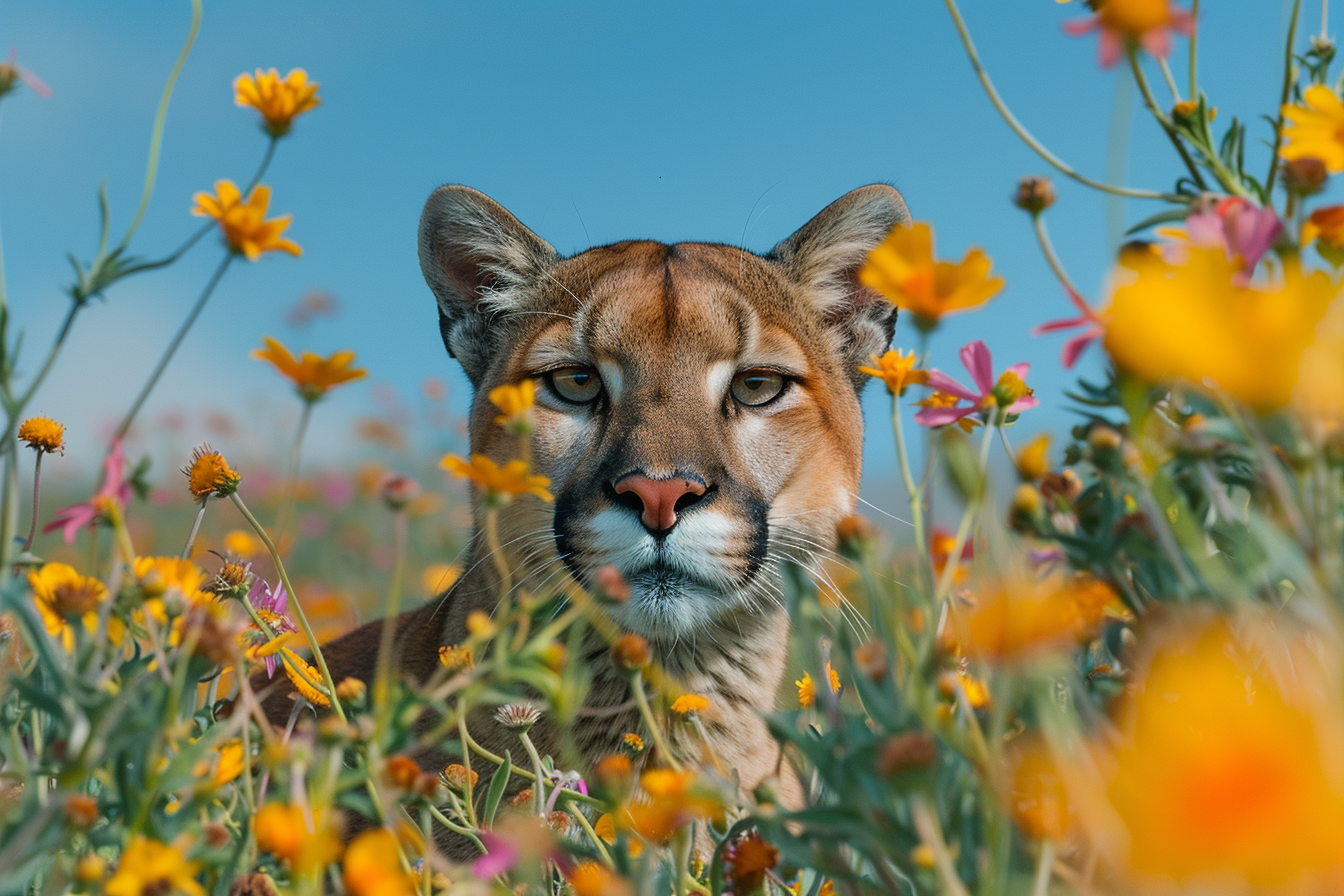 Image gratuite Puma curieux derrière fleurs sauvages 1