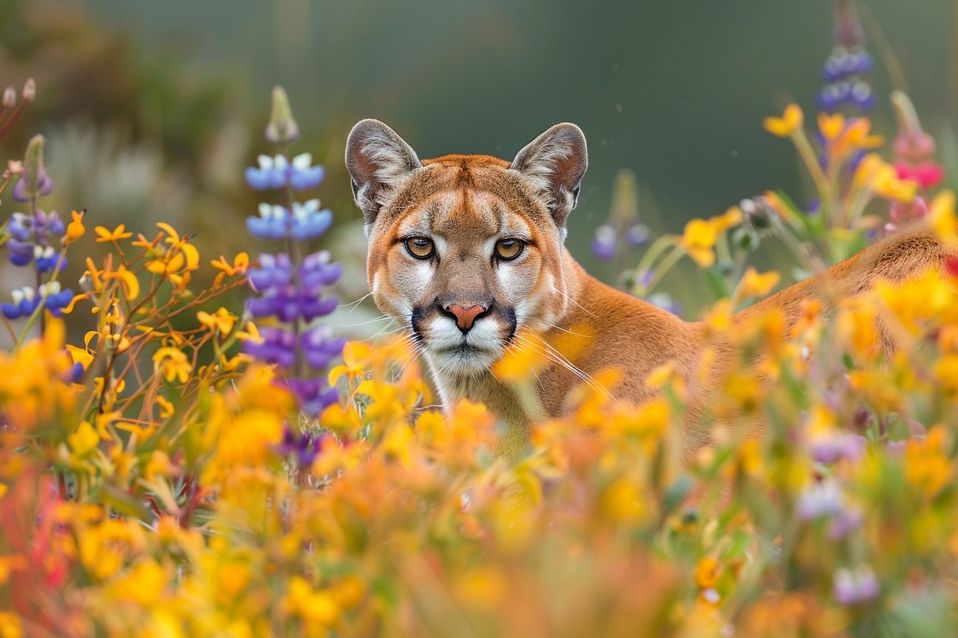 Image gratuite Puma curieux derrière fleurs sauvages 3