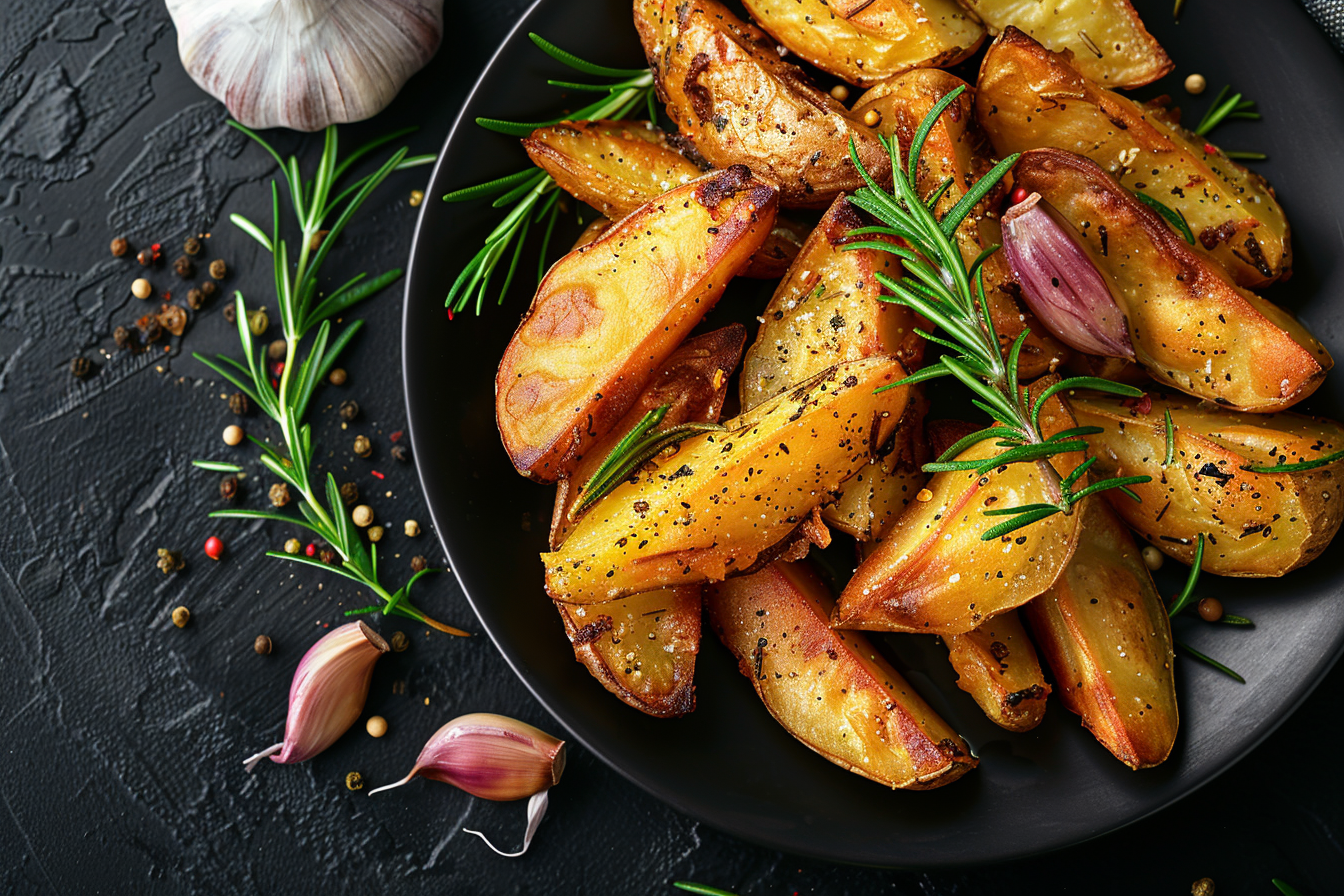 Image gratuite Quartiers de pommes de terre rôties sur assiette noire 1
