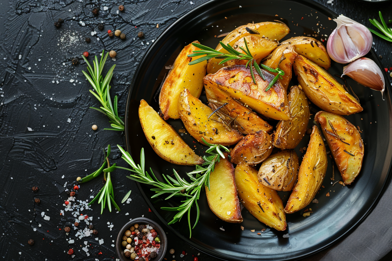 Image gratuite Quartiers de pommes de terre rôties sur assiette noire 2