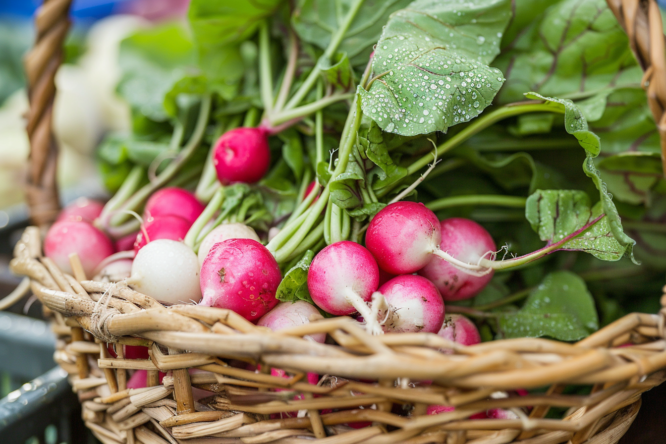 Image gratuite Radis lavés dans panier au marché 1
