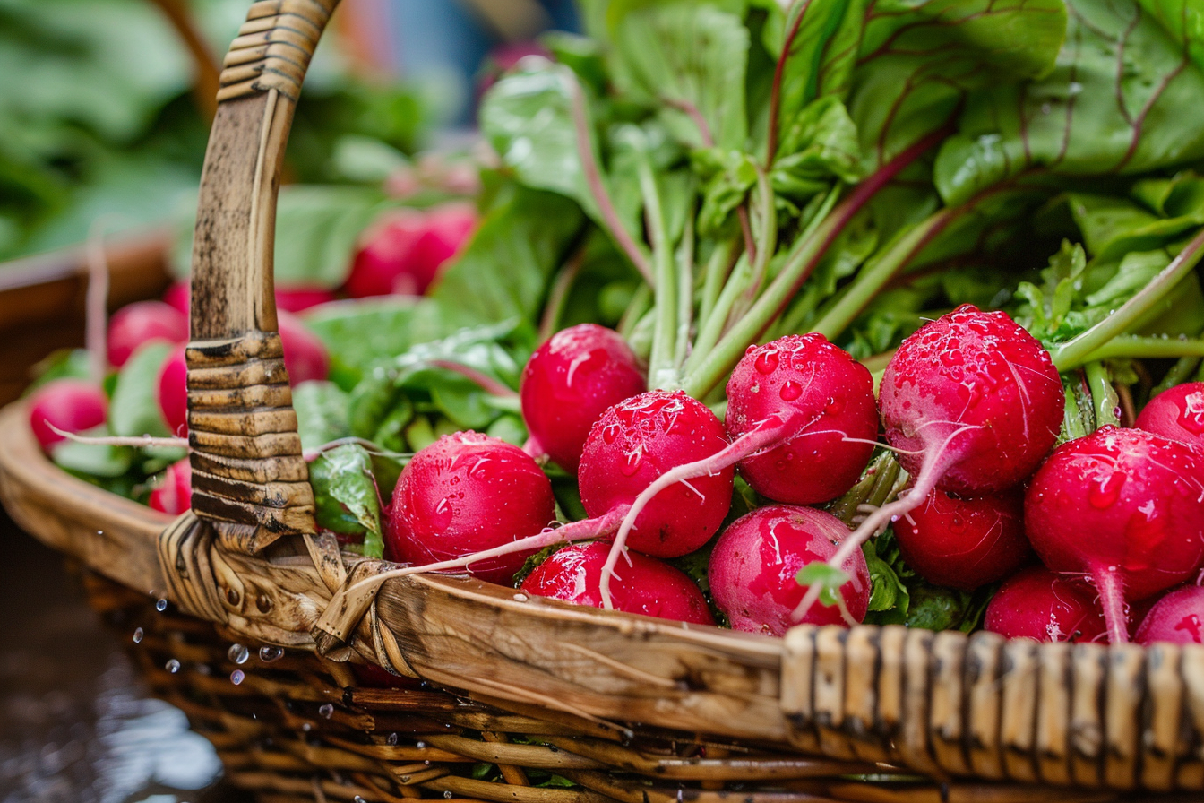 Image gratuite Radis lavés dans panier au marché 2