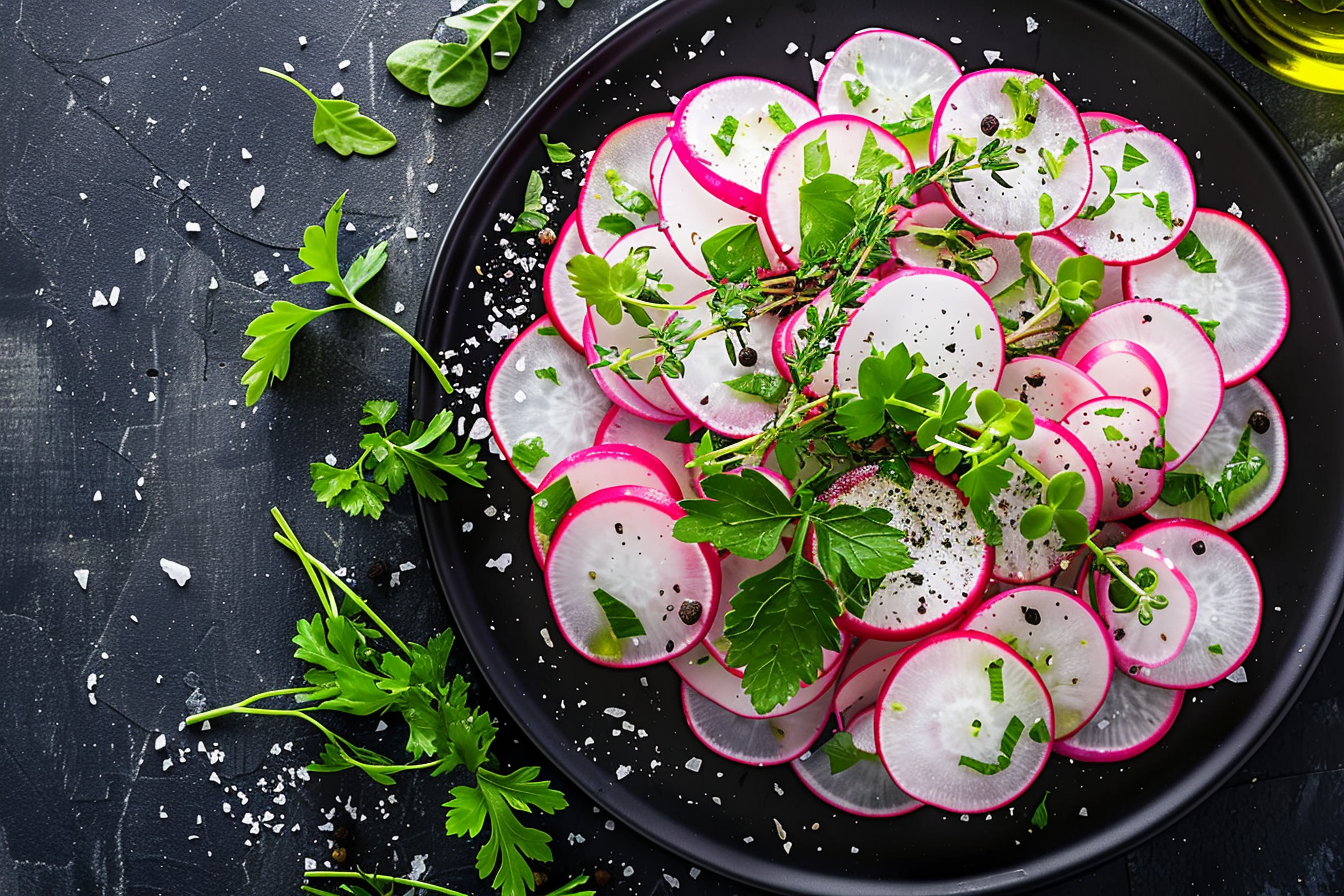 Image gratuite Radis tranchés sur assiette noire 1