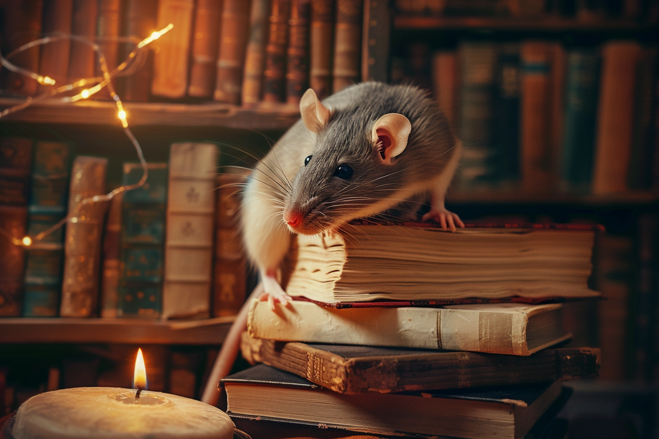 Image gratuite Rat curieux sur pile de grimoires 1