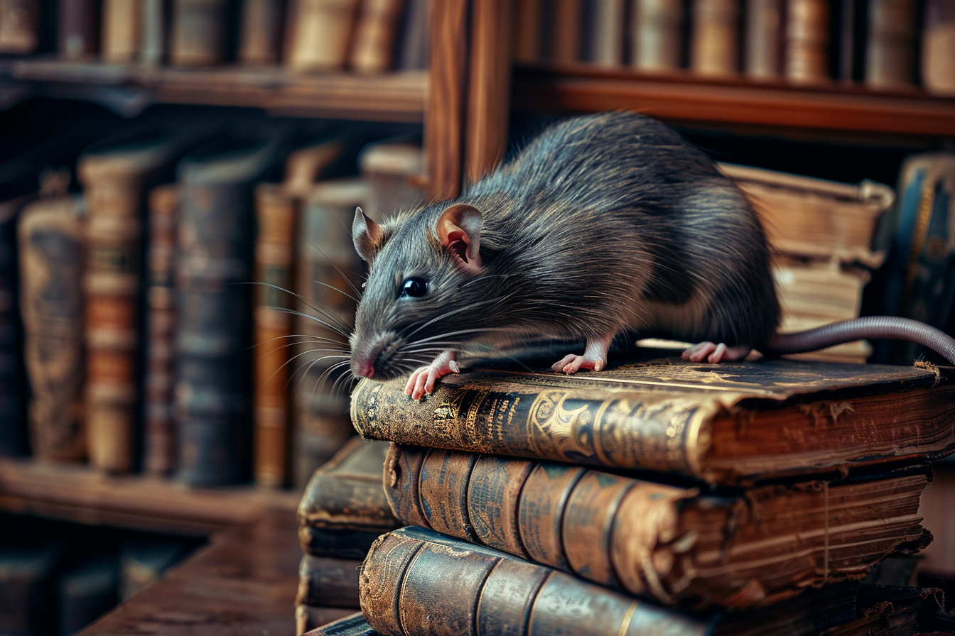 Image gratuite Rat curieux sur pile de grimoires 2