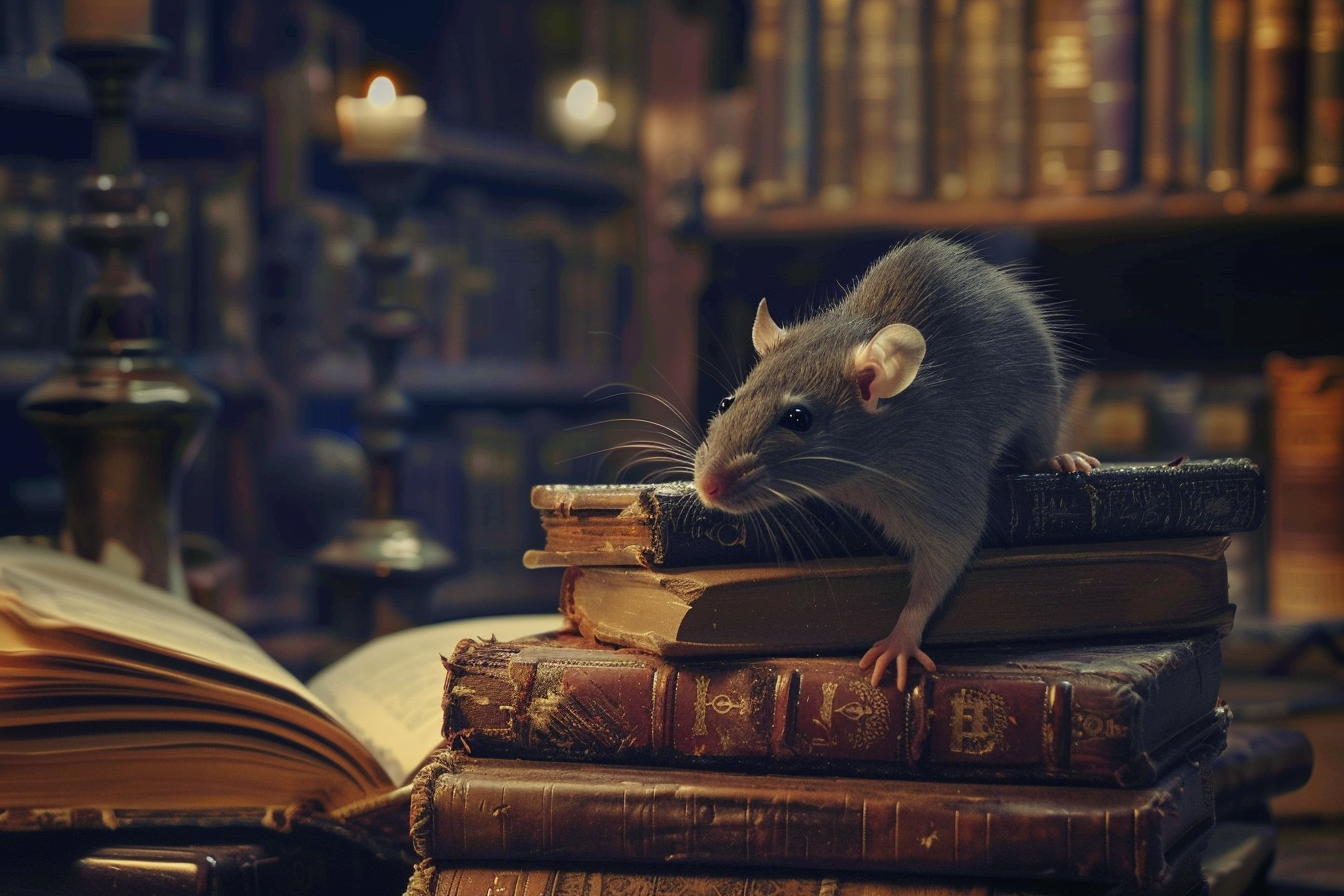 Image gratuite Rat curieux sur pile de grimoires 3