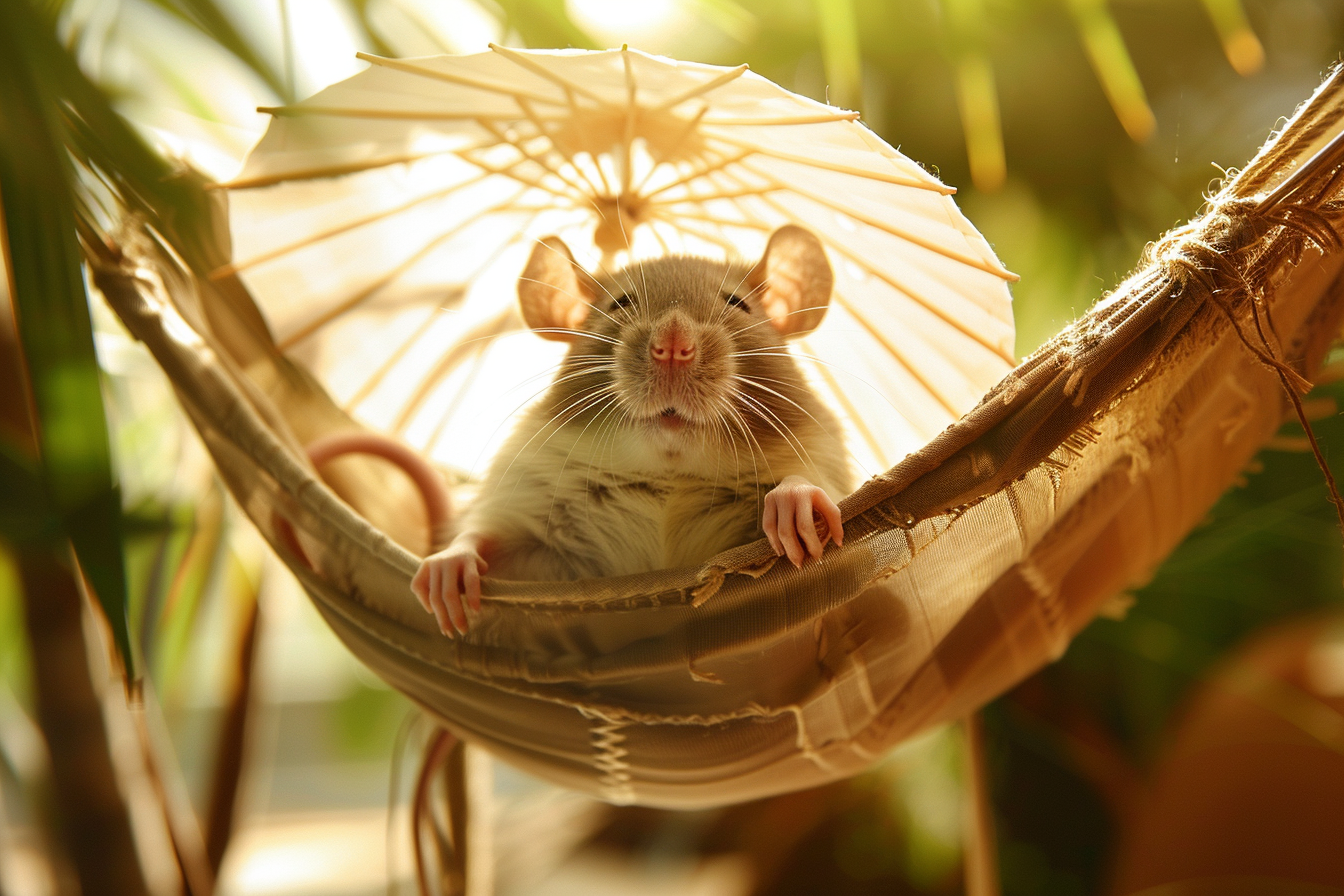 Image gratuite Rat dans hamac ensoleillé avec mini-parapluie 1