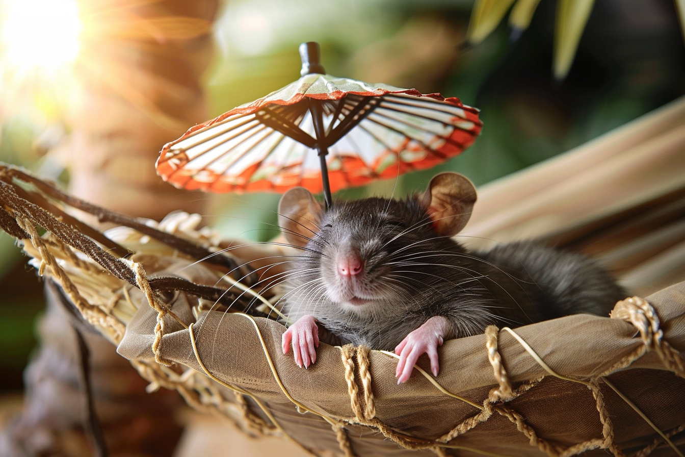 Image gratuite Rat dans hamac ensoleillé avec mini-parapluie 2