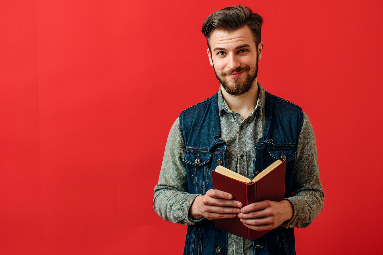 Image gratuite Responsable de librairie, fond rouge 1