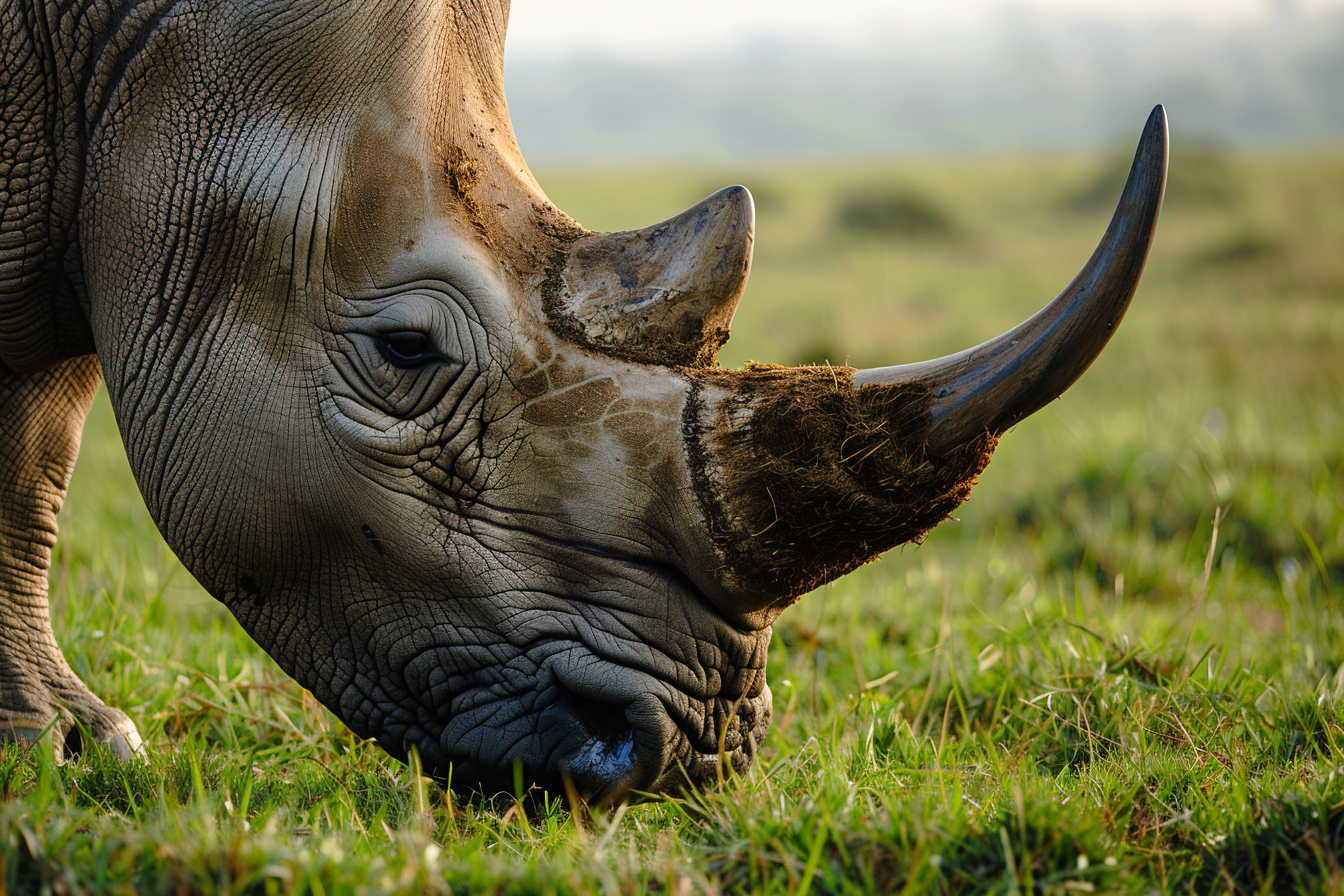 Image gratuite Rhinocéros broutant dans prairies 1