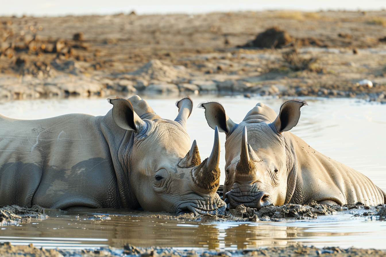 Image gratuite Rhinocéros et petit se baignant dans point d&rsquo;eau 2