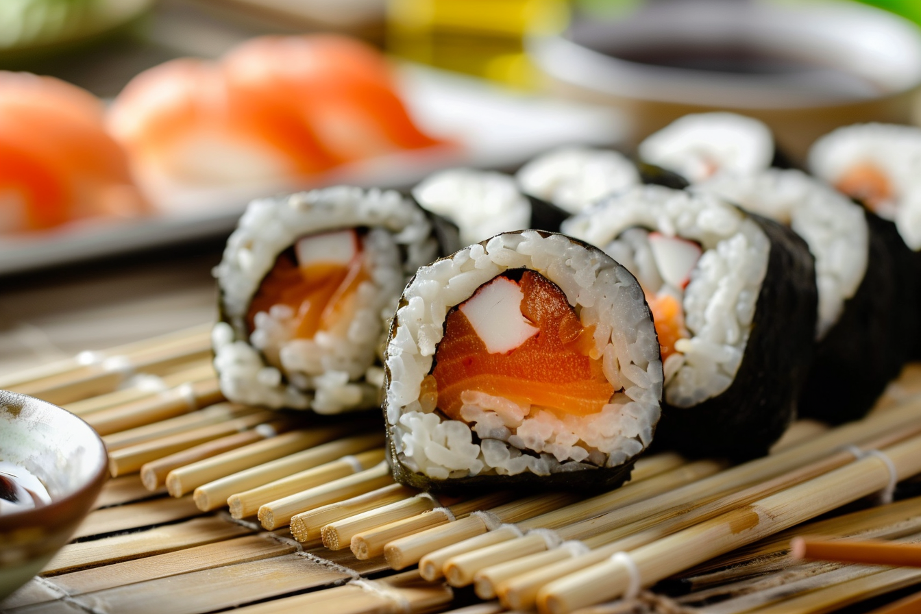 Image gratuite Rouleaux de sushis sur tapis en bambou 1