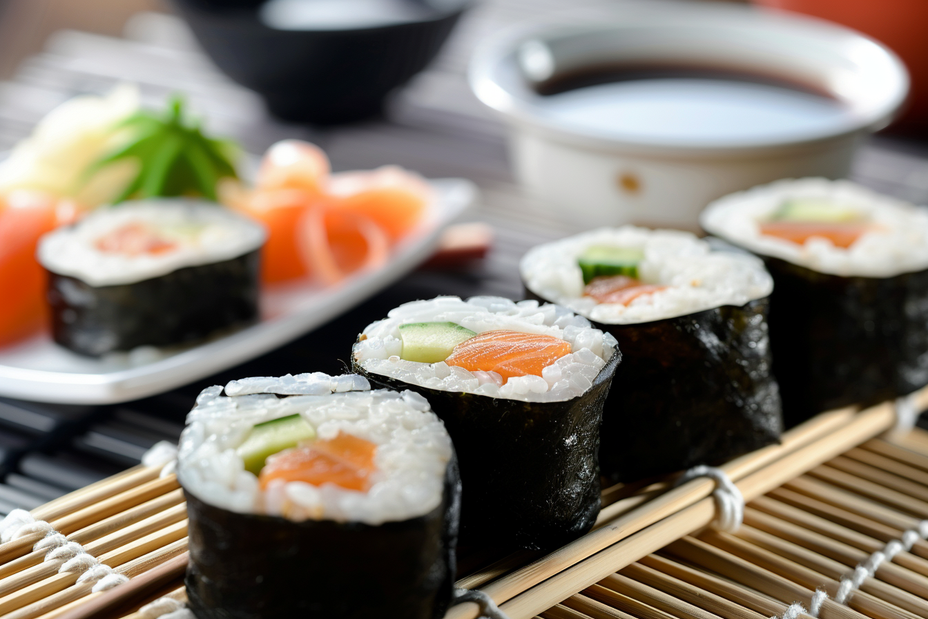 Image gratuite Rouleaux de sushis sur tapis en bambou 2