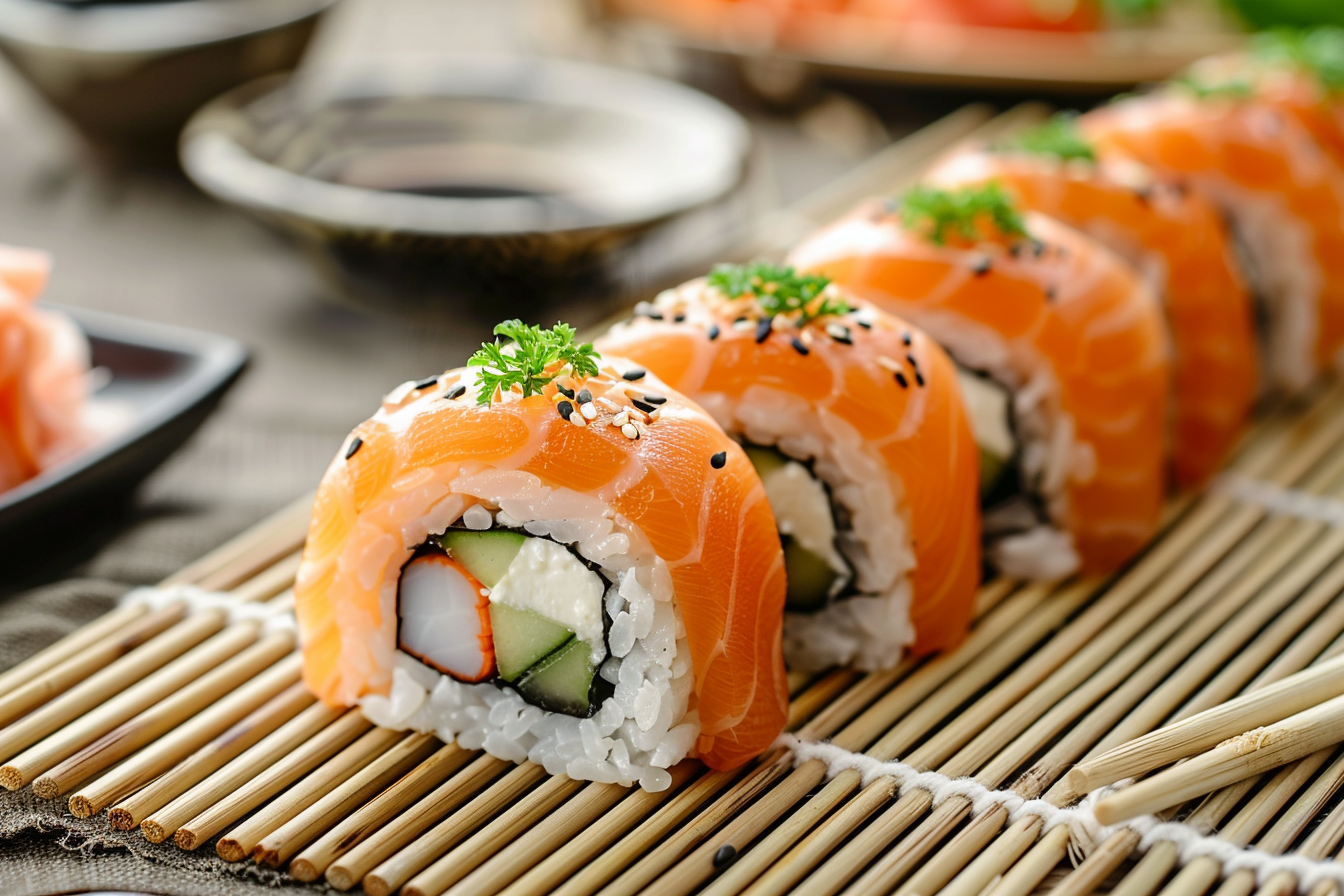 Image gratuite Rouleaux de sushis sur tapis en bambou 3