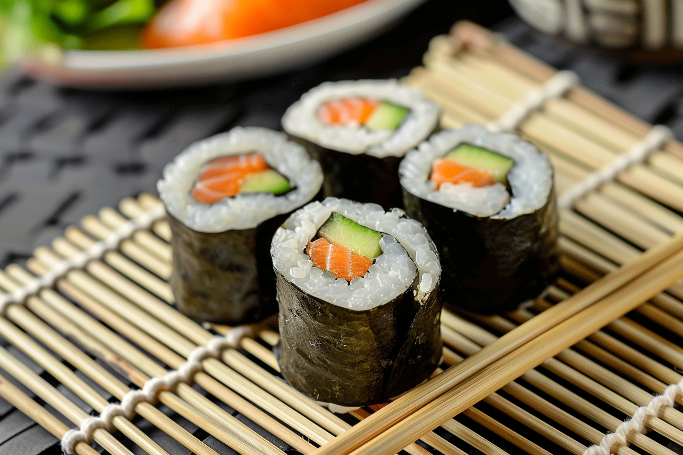 Image gratuite Rouleaux de sushis sur tapis en bambou 4