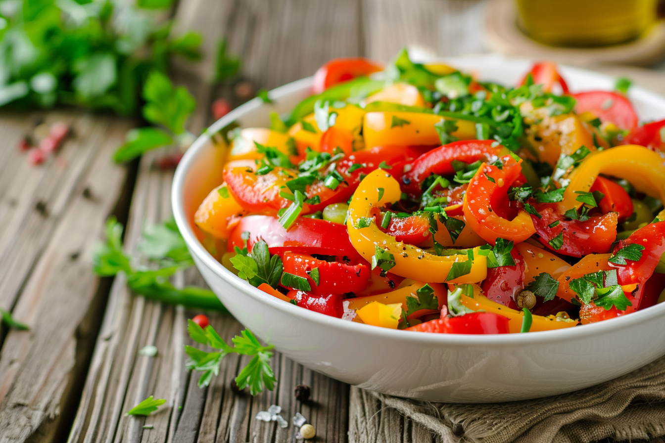 Image gratuite Salade de poivrons sur table en bois 1