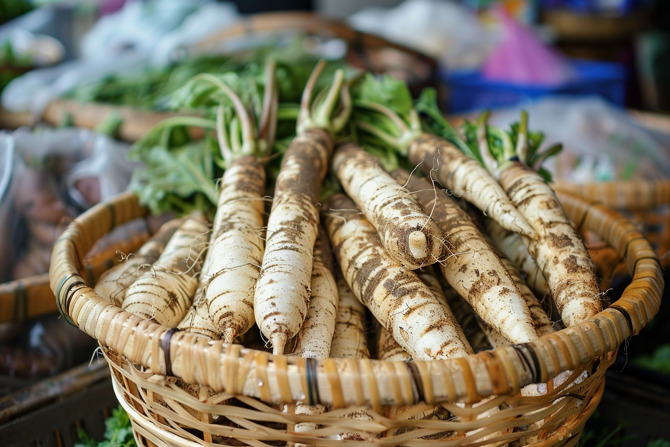 Image gratuite Salsifis lavés dans panier au marché 2