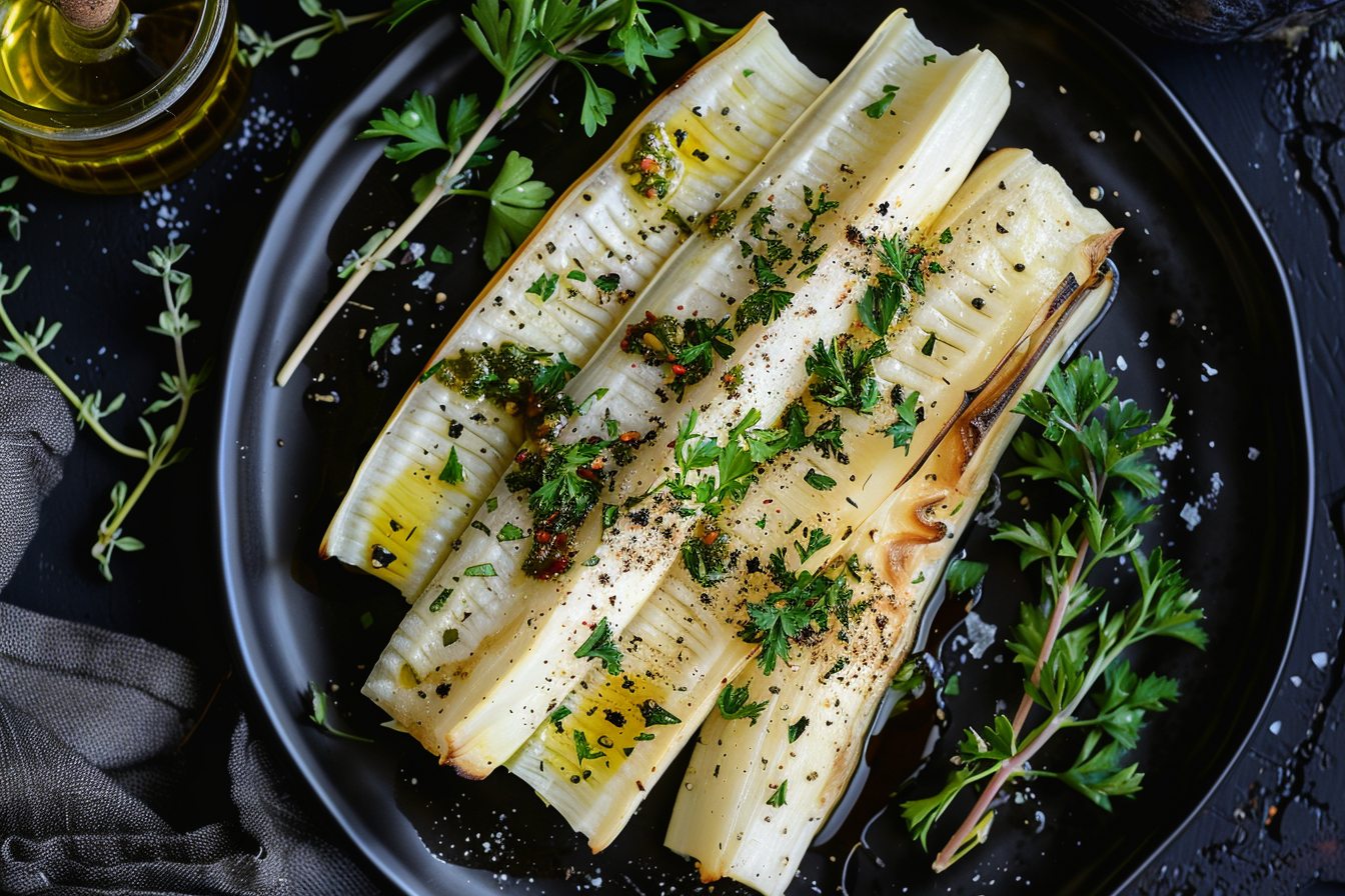 Image gratuite Salsifis tranchés sur assiette noire 1