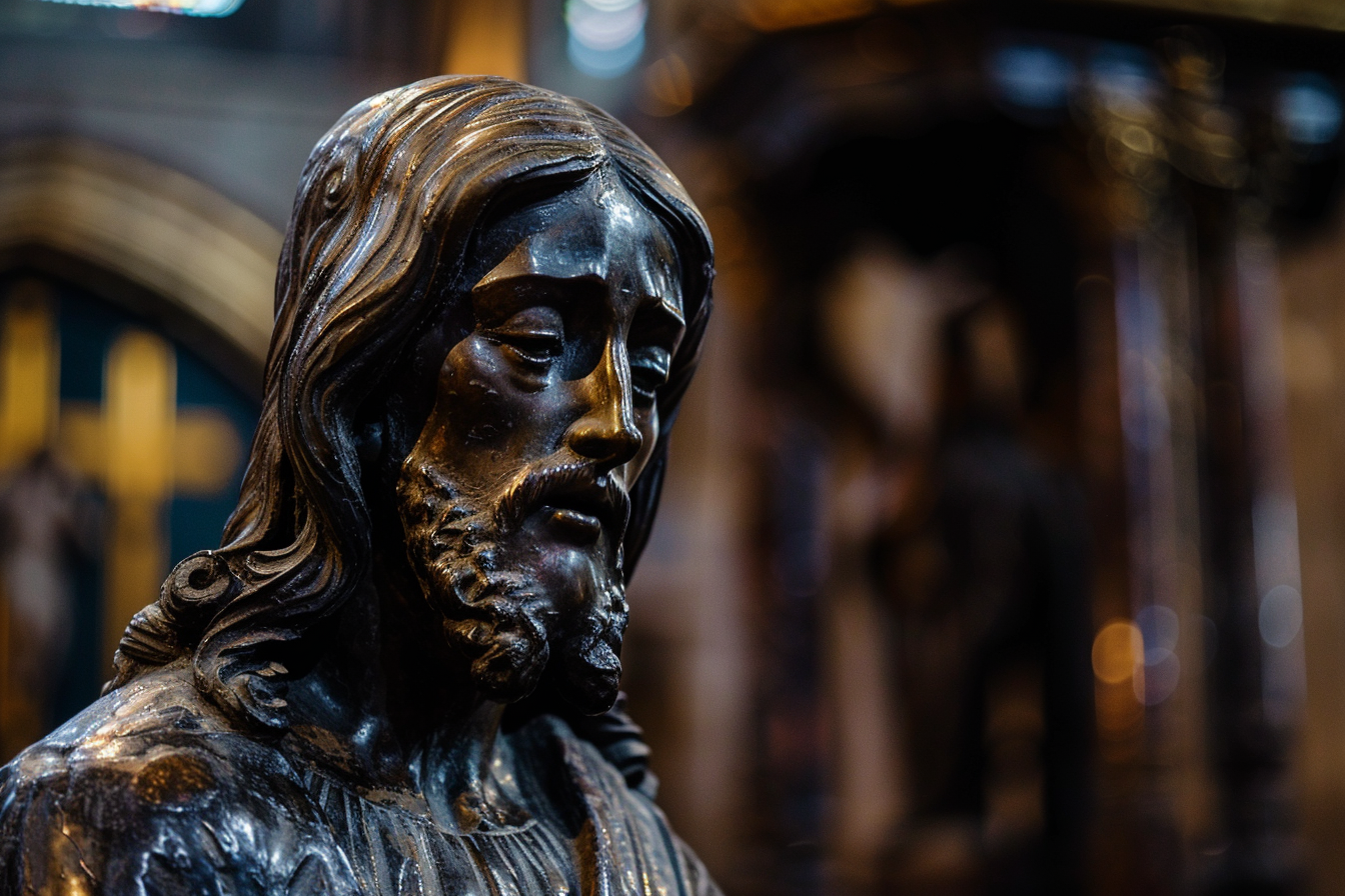 Image gratuite Sculpture bronze Christ, cathédrale faiblement éclairée 1