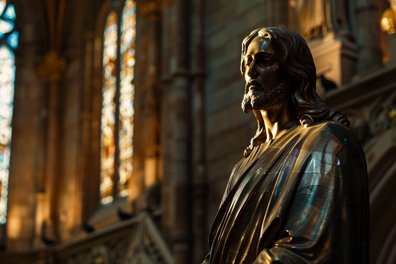 Image gratuite Sculpture bronze Christ, cathédrale faiblement éclairée 2