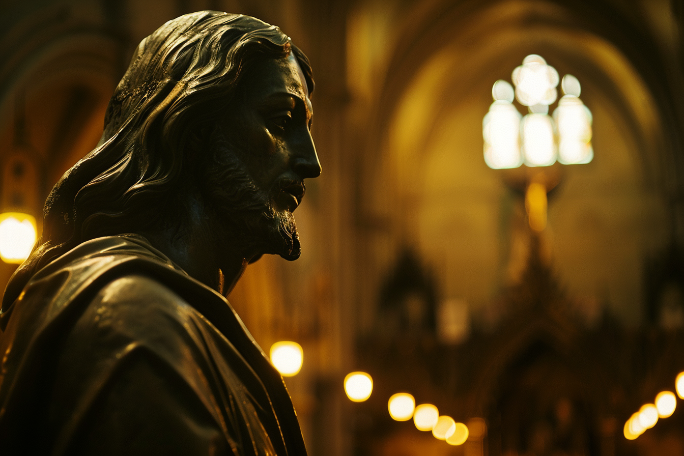 Image gratuite Sculpture bronze Christ, cathédrale faiblement éclairée 3
