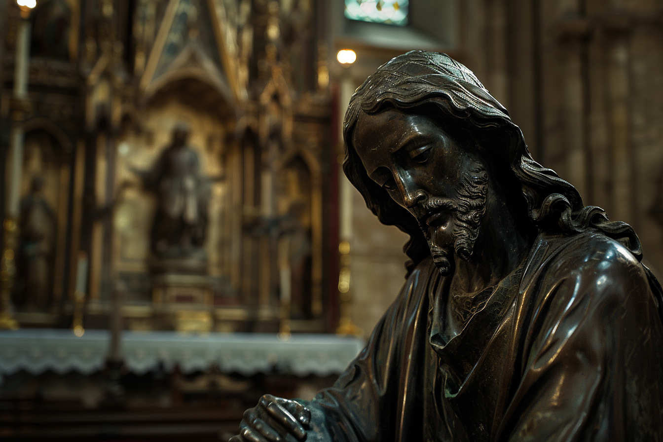 Image gratuite Sculpture bronze Christ, cathédrale faiblement éclairée 4