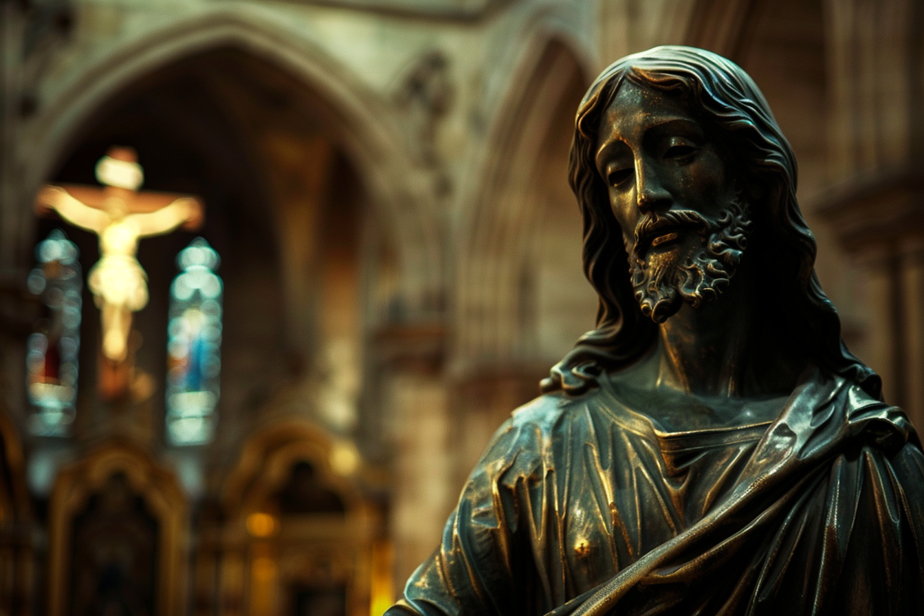 Image gratuite Sculpture bronze Christ, cathédrale faiblement éclairée 5