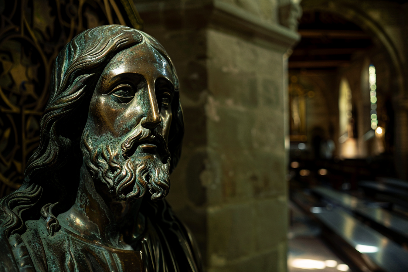 Image gratuite Sculpture bronze Christ, cathédrale faiblement éclairée 6