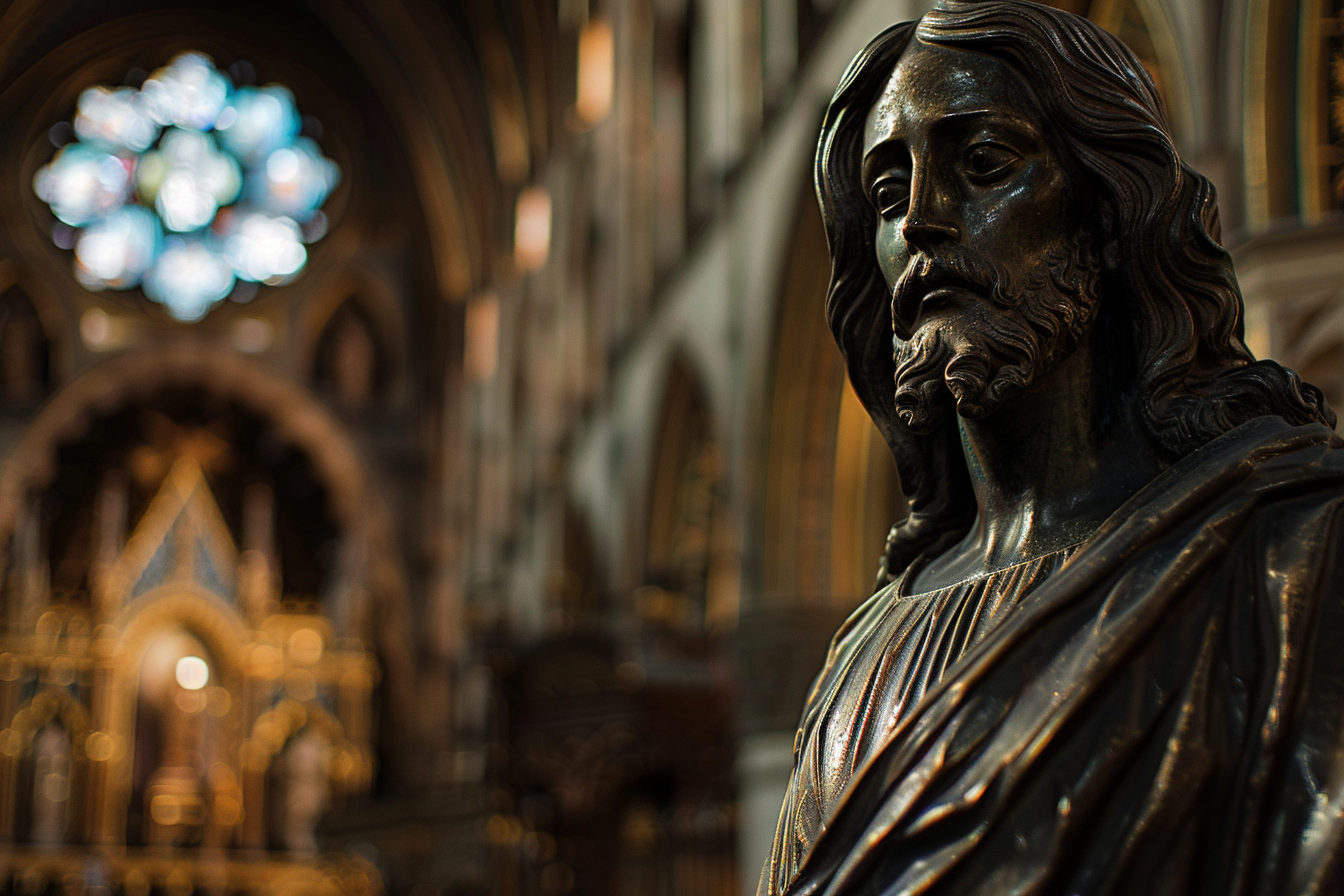 Image gratuite Sculpture bronze Christ, cathédrale faiblement éclairée 7