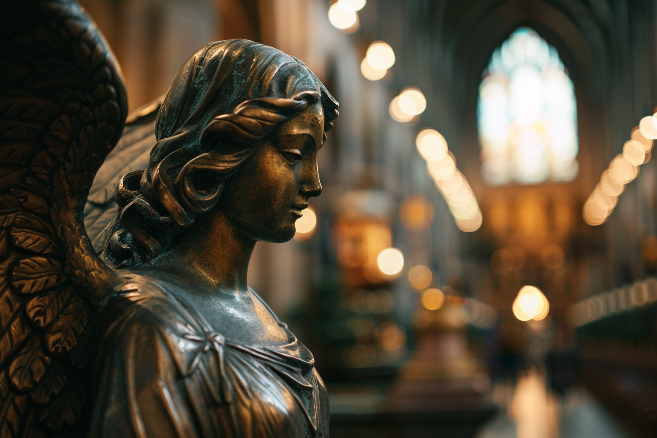 Image gratuite Sculpture en bronze d&rsquo;un ange, cathédrale faiblement éclairée 1