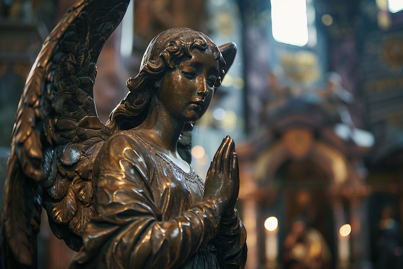 Image gratuite Sculpture en bronze d&rsquo;un ange, cathédrale faiblement éclairée 2
