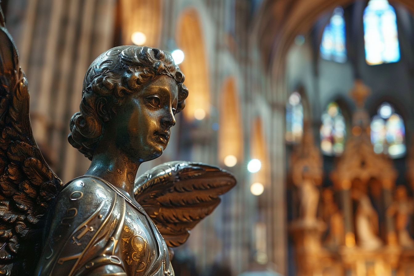Image gratuite Sculpture en bronze d&rsquo;un ange, cathédrale faiblement éclairée 3