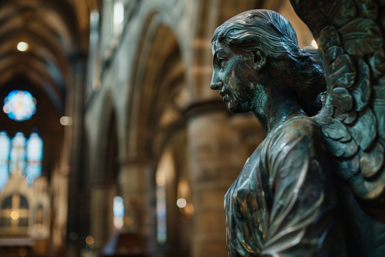 Image gratuite Sculpture en bronze d&rsquo;un ange, cathédrale faiblement éclairée 4