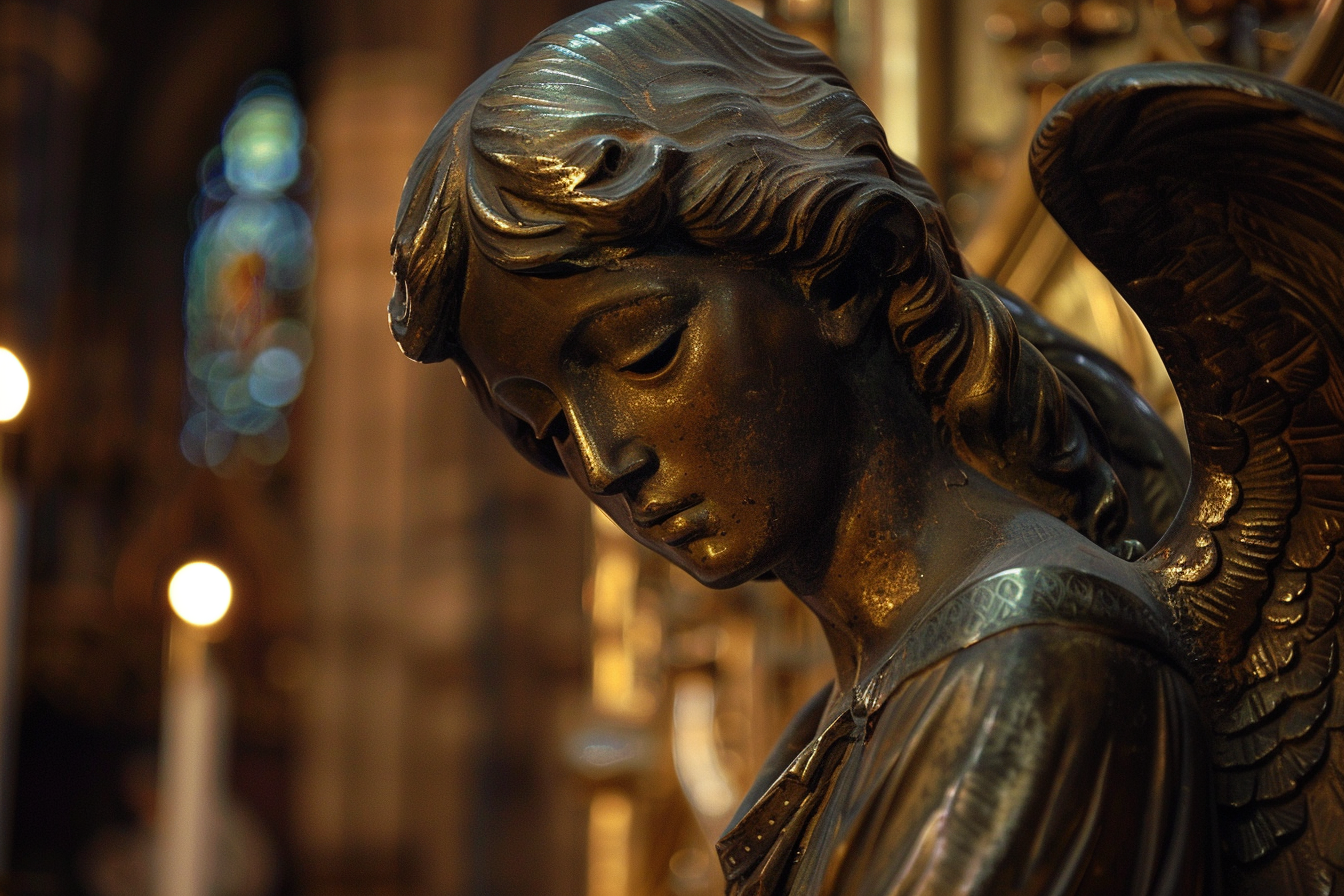Image gratuite Sculpture en bronze d&rsquo;un ange, cathédrale faiblement éclairée 5