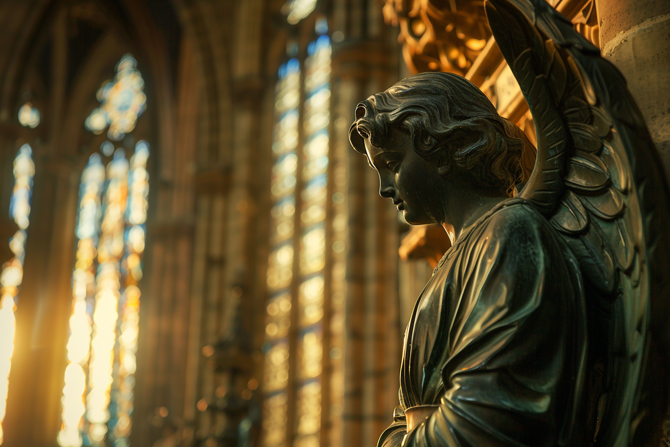 Image gratuite Sculpture en bronze d&rsquo;un ange, cathédrale faiblement éclairée 6