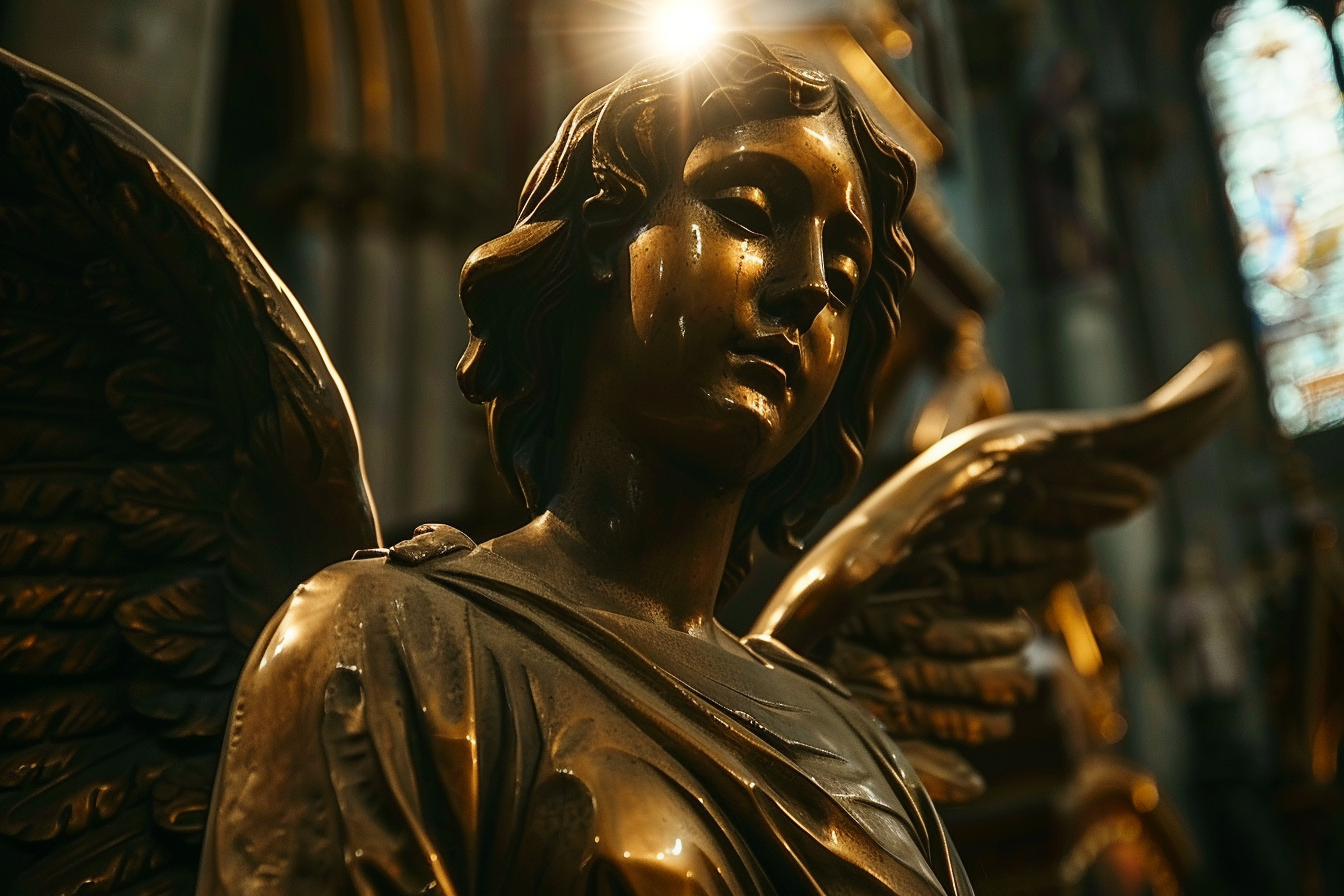 Image gratuite Sculpture en bronze d&rsquo;un ange, cathédrale faiblement éclairée 7