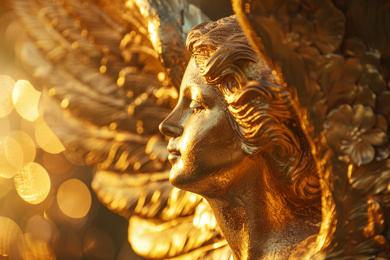 Image gratuite Sculpture en feuille d&rsquo;or d&rsquo;un ange, lumière soir 1