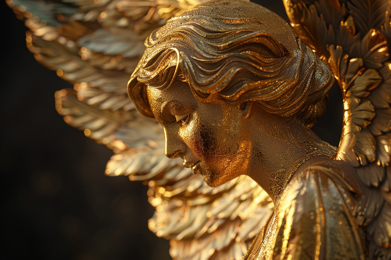 Image gratuite Sculpture en feuille d&rsquo;or d&rsquo;un ange, lumière soir 2
