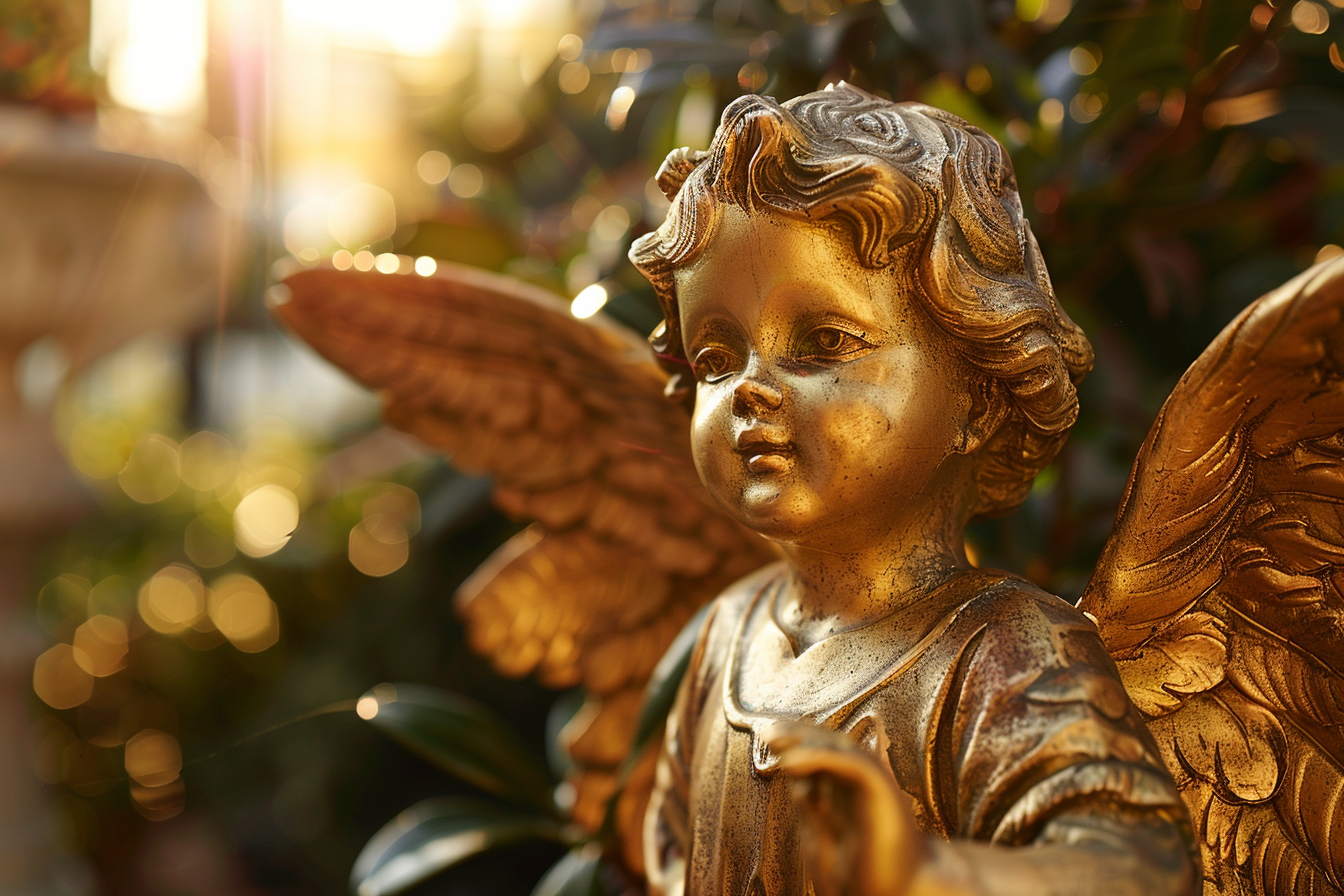 Image gratuite Sculpture en feuille d&rsquo;or d&rsquo;un ange, lumière soir 3
