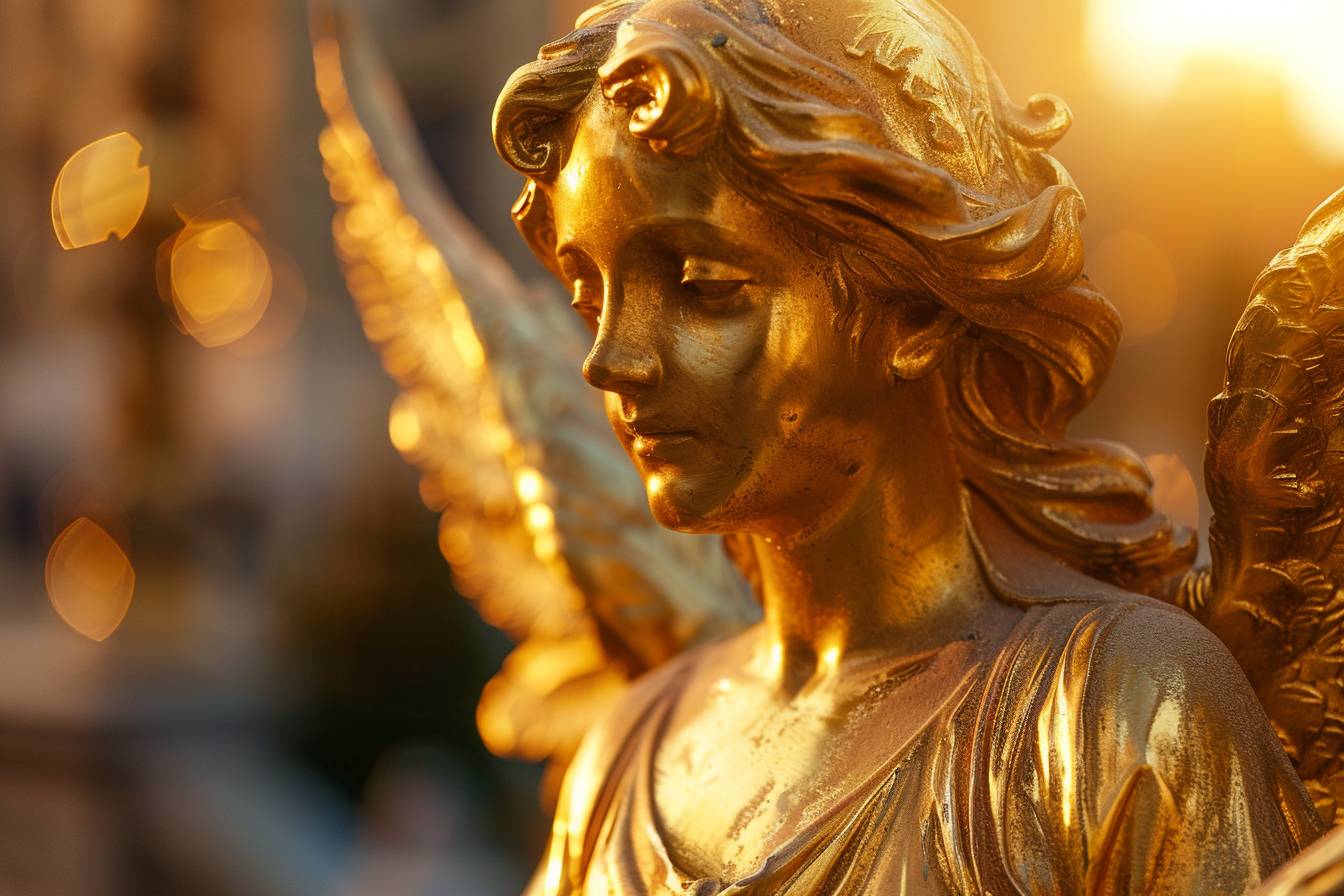 Image gratuite Sculpture en feuille d&rsquo;or d&rsquo;un ange, lumière soir 4