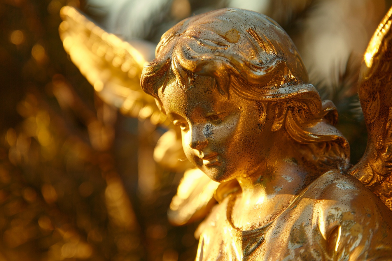 Image gratuite Sculpture en feuille d&rsquo;or d&rsquo;un ange, lumière soir 5