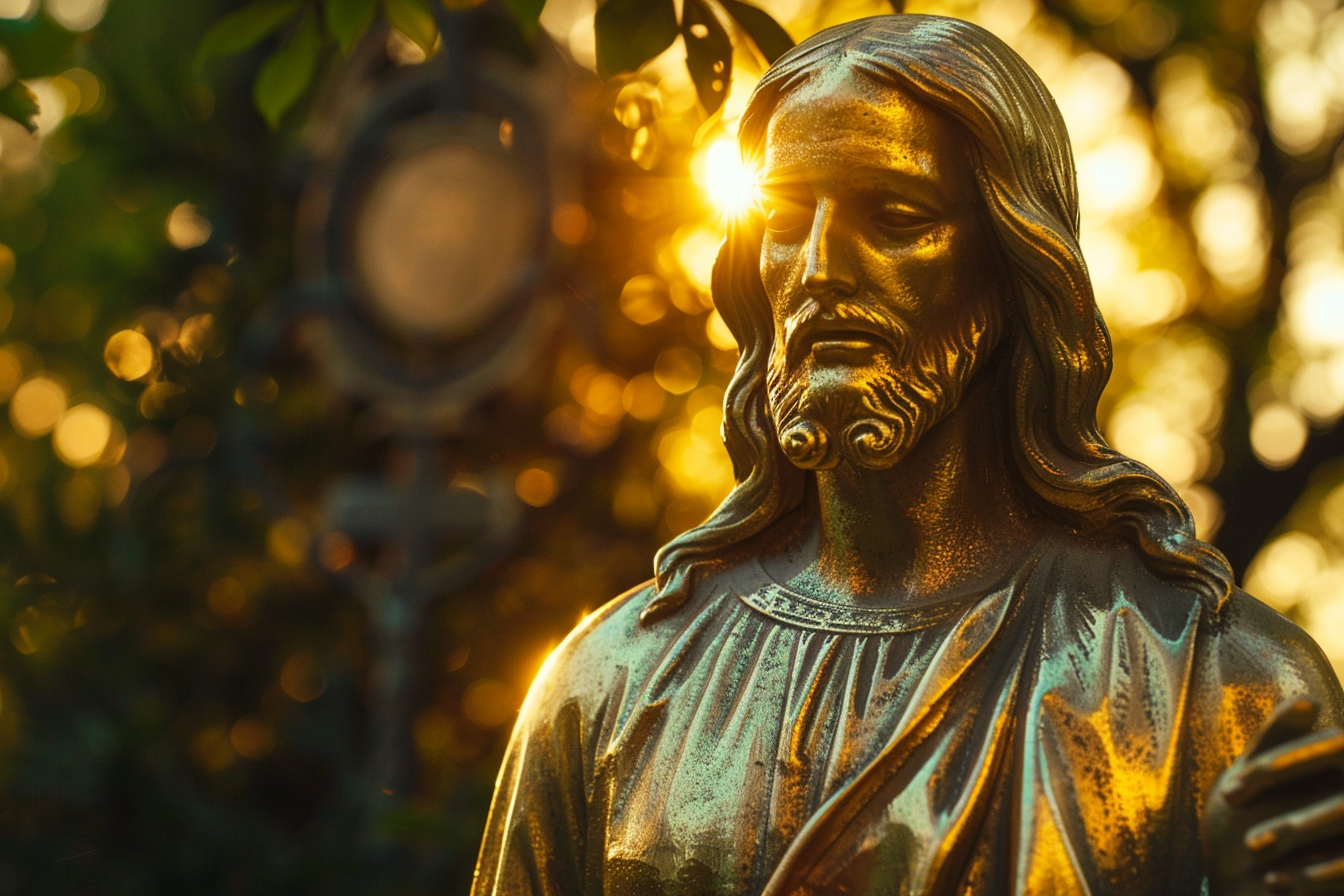 Image gratuite Sculpture feuille d&rsquo;or Jésus, chaleur lumière soir 3