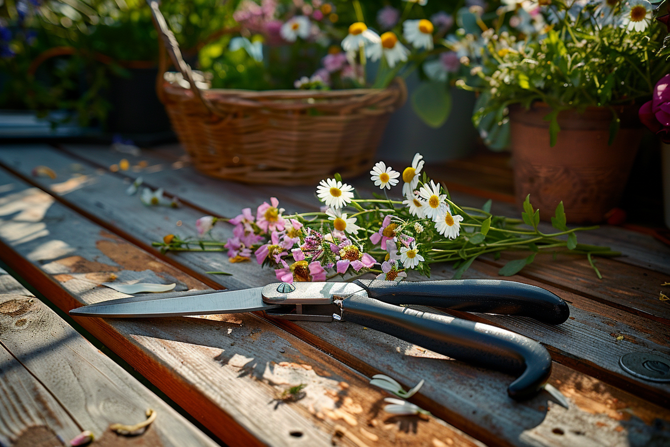 Image gratuite Sécateur sur table de jardin avec fleurs 1