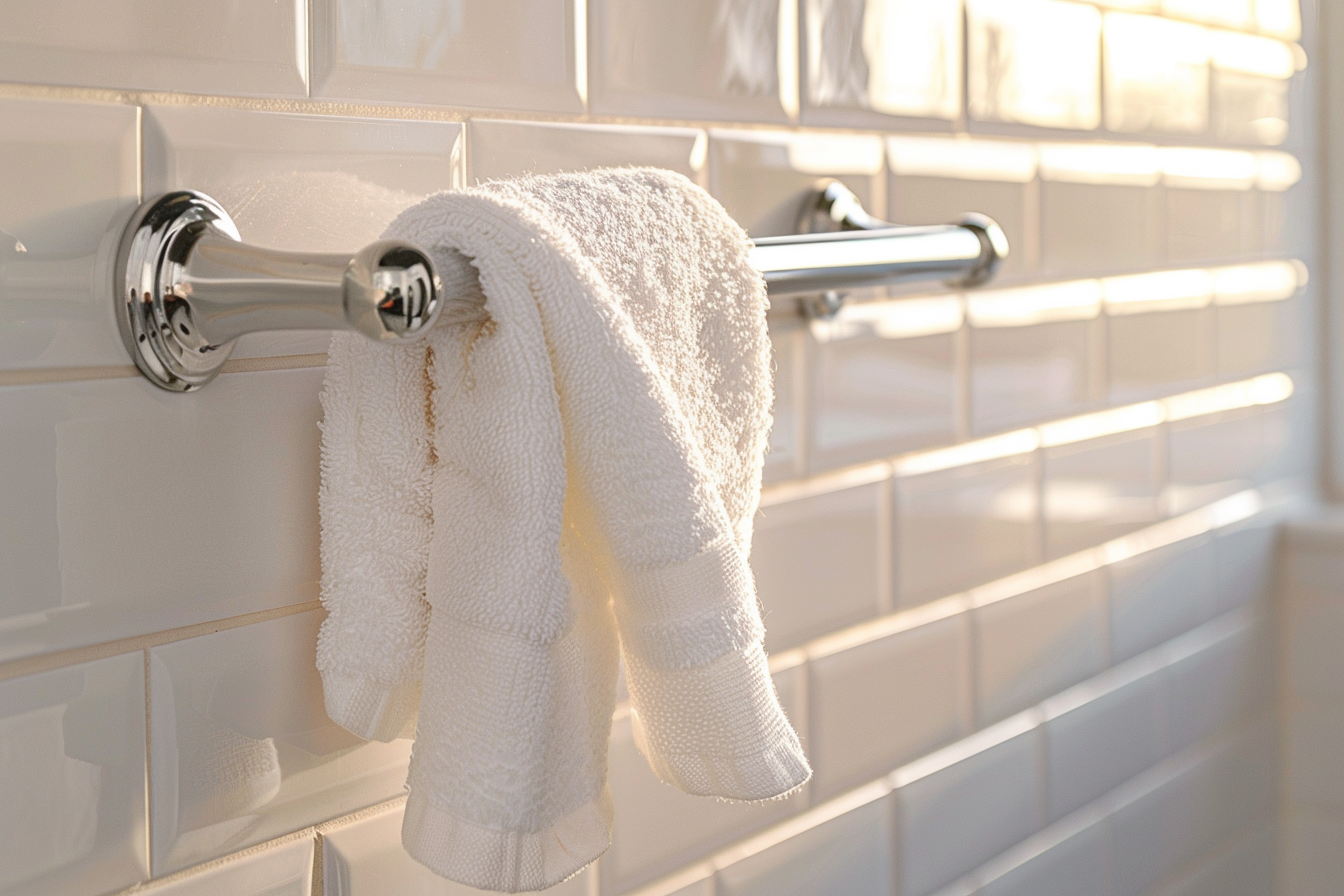 Image gratuite Serviette de bain en coton sur porte-serviettes en chrome 1